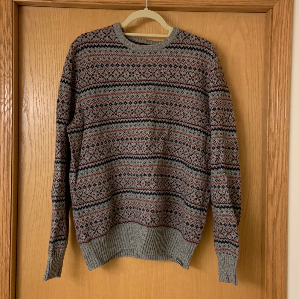 Men's Eddie Bauer Gray Wool Blend Nordic Fair Isle Striped Crewneck